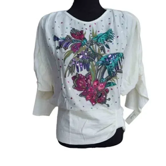 Bonnie Boerer Sequin Tropical Flower Dolman Sleeve Top Sz PS - Picture 1 of 14